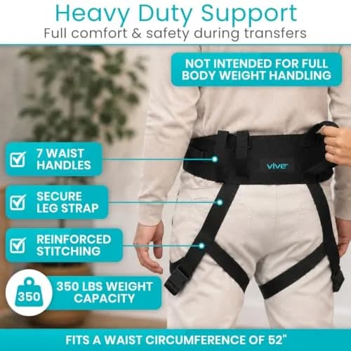 Vive Transfer Belt with Leg Loops & Padded Handles - 52 Inch Adjustable Gait Belt for Patient Lifting & Mobility Support thumbnail 3
