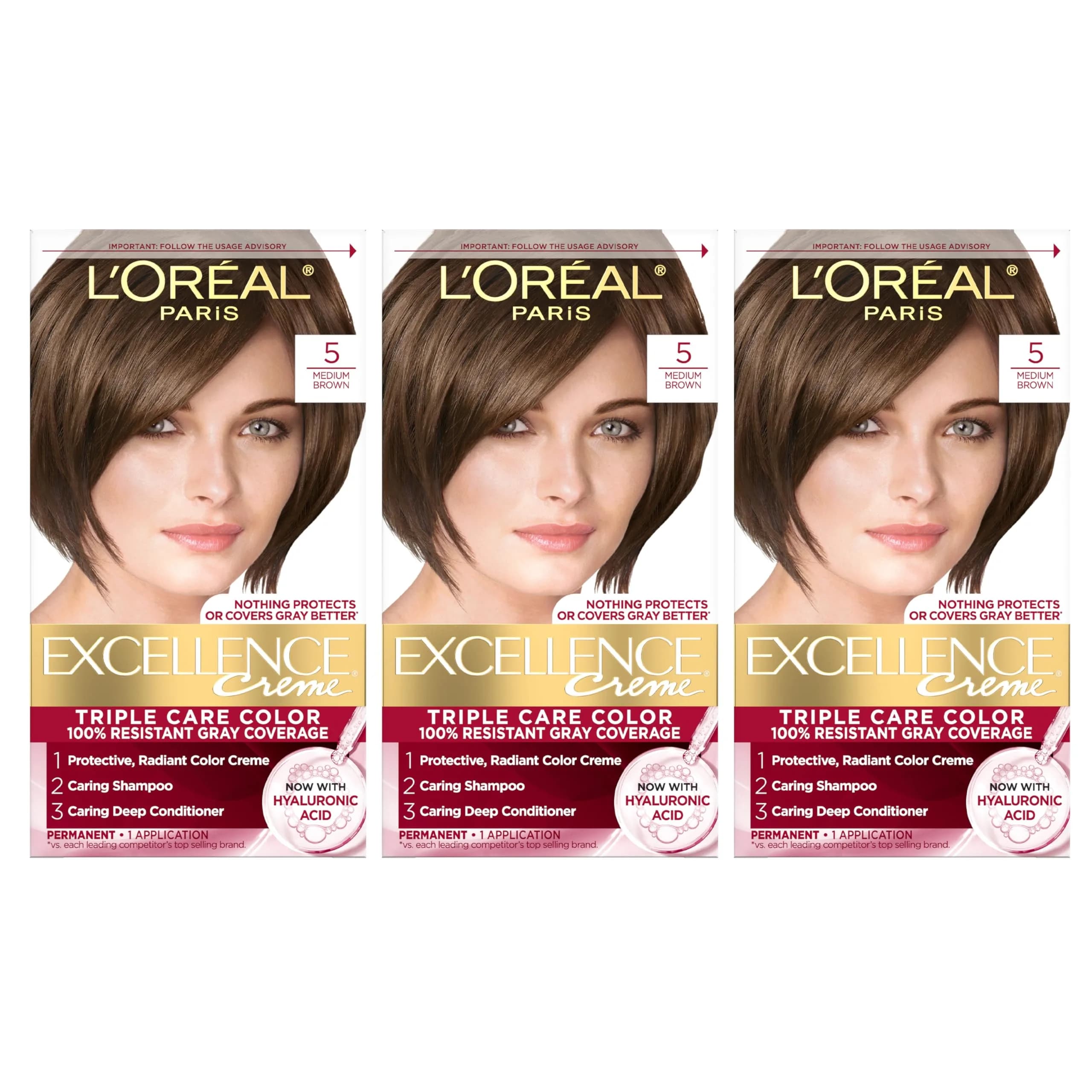 L'Oreal Paris Excellence Crème Permanent Hair Dye 5 Medium Brown | Triple Care Color Routine with Pro-Keratine Complex for 100% Gray Coverage (Pack of 3)