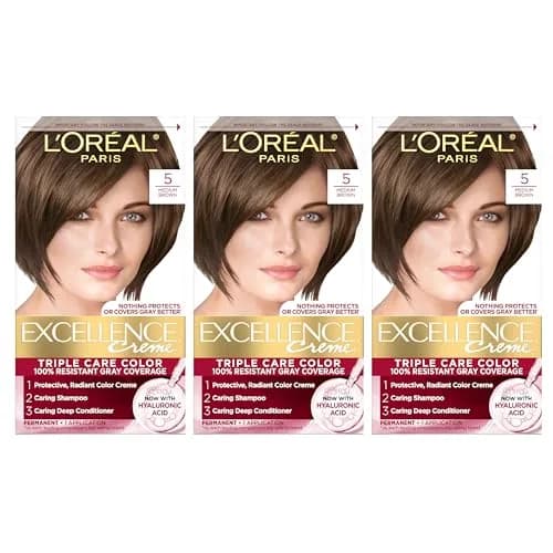 L'Oreal Paris Excellence Crème Permanent Hair Dye 5 Medium Brown | Triple Care Color Routine with Pro-Keratine Complex for 100% Gray Coverage (Pack of 3) thumbnail 1