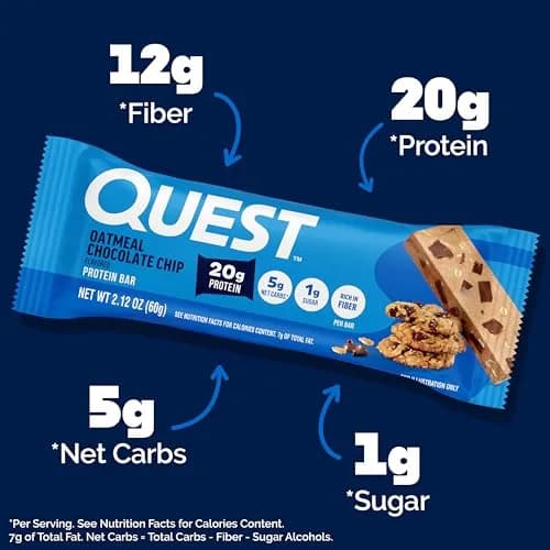 Quest Oatmeal Chocolate Chip Protein Bars 12 Count | 20g Protein, 5g Net Carbs, 13g Fiber thumbnail 2