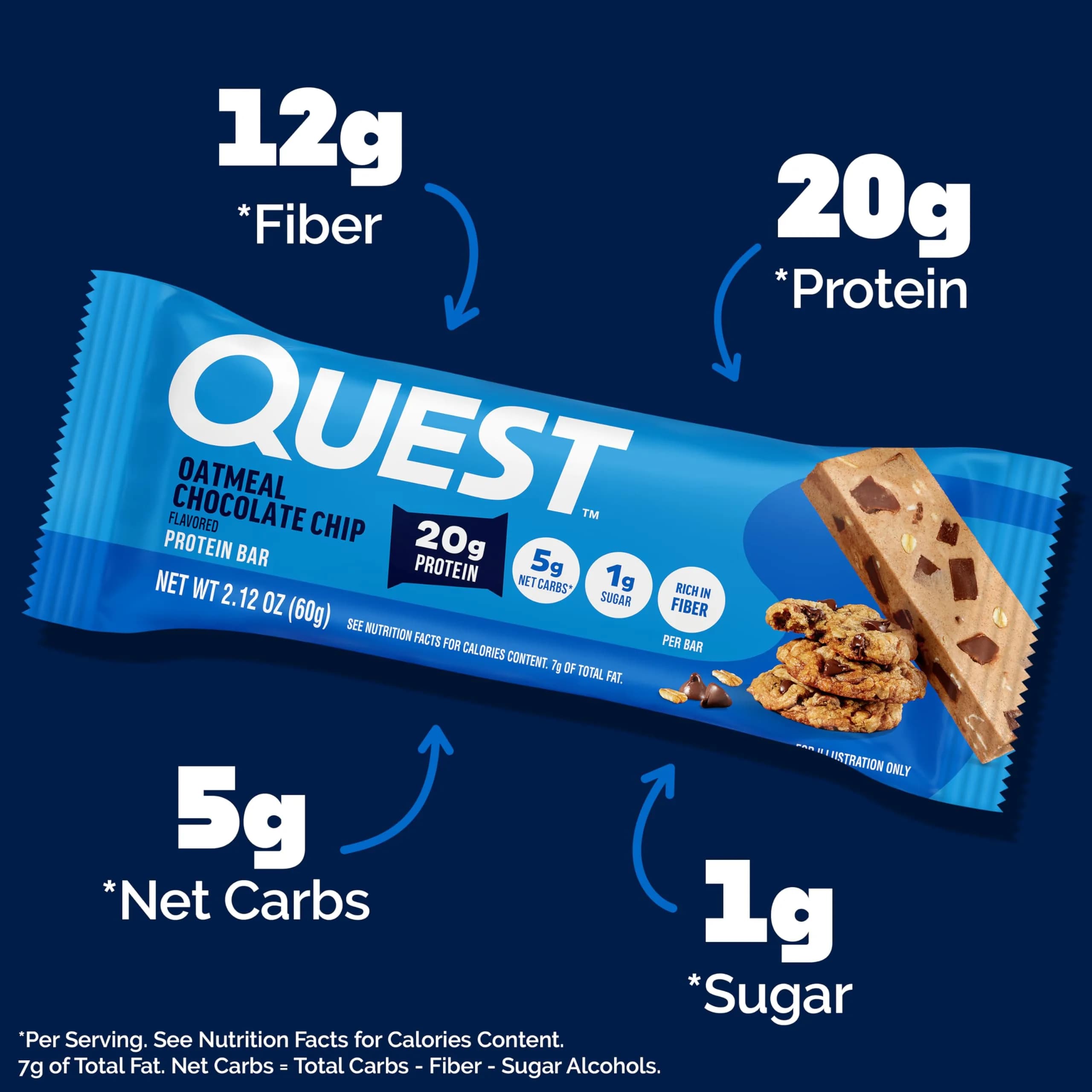 Quest Oatmeal Chocolate Chip Protein Bars 12 Count | 20g Protein, 5g Net Carbs, 13g Fiber - view 2