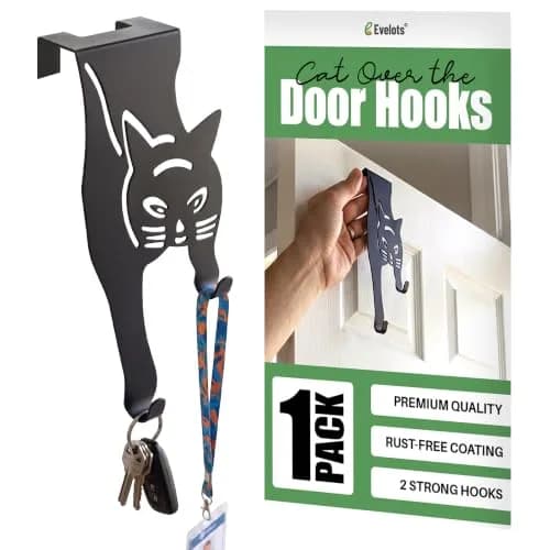Evelots Cat Over the Door Hooks, Heavy Duty Metal Coat & Towel Hanger | Space-Saving Cat Design, Holds Up to 20 lbs thumbnail 1