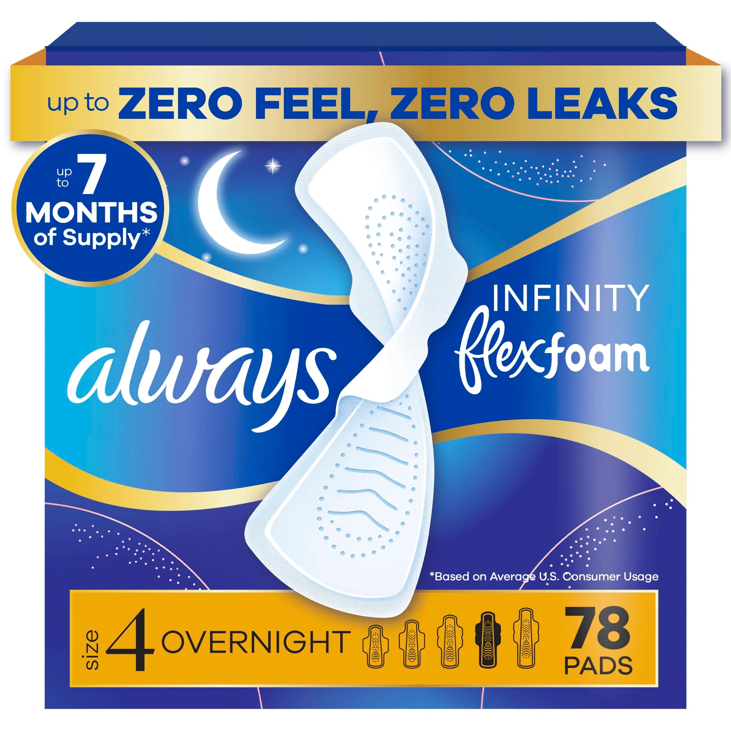 Always Infinity Feminine Pads Size 4 | Overnight Absorbency, Unscented, 78 Count — Size 4