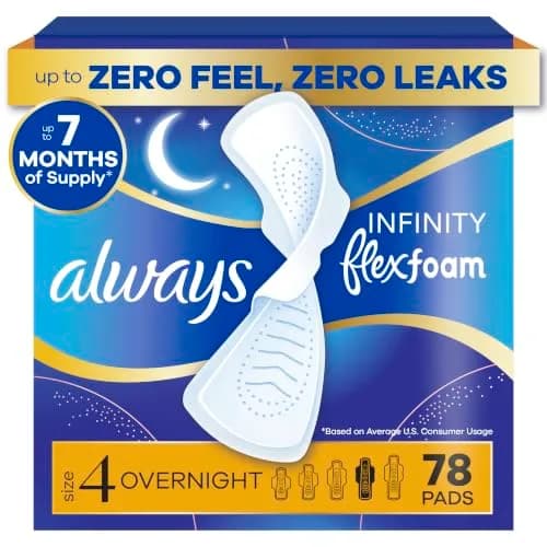 Always Infinity Feminine Pads Size 4 | Overnight Absorbency, Unscented, 78 Count thumbnail 1