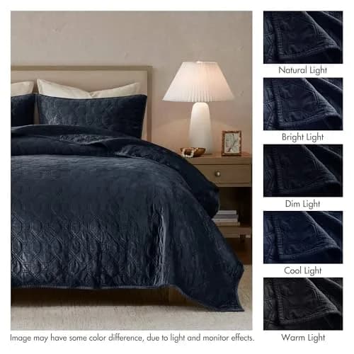 Madison Park Velvet Casual Geometric Stitching Navy King Quilt Set, 3pc | All-Season, Soft Velvet, Geometric Design thumbnail 6