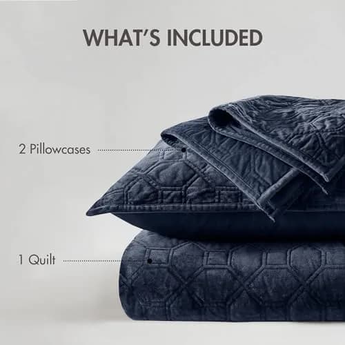 Madison Park Velvet Casual Geometric Stitching Navy King Quilt Set, 3pc | All-Season, Soft Velvet, Geometric Design thumbnail 7