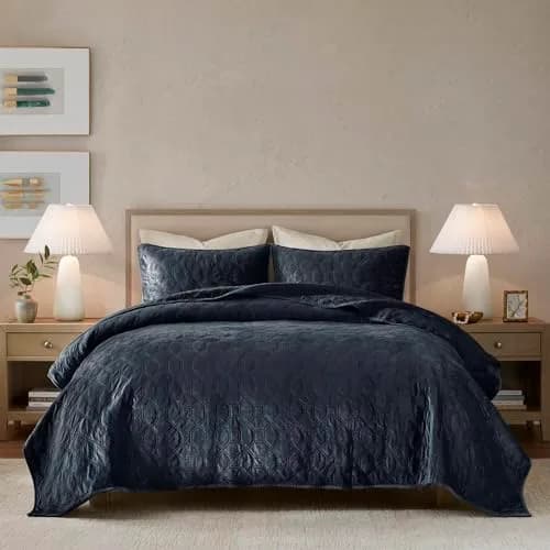 Madison Park Velvet Casual Geometric Stitching Navy King Quilt Set, 3pc | All-Season, Soft Velvet, Geometric Design thumbnail 9
