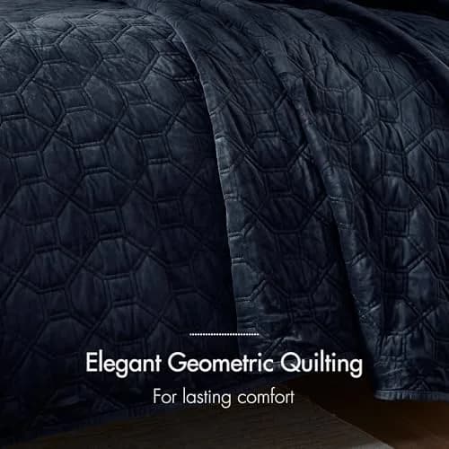 Madison Park Velvet Casual Geometric Stitching Navy King Quilt Set, 3pc | All-Season, Soft Velvet, Geometric Design thumbnail 3