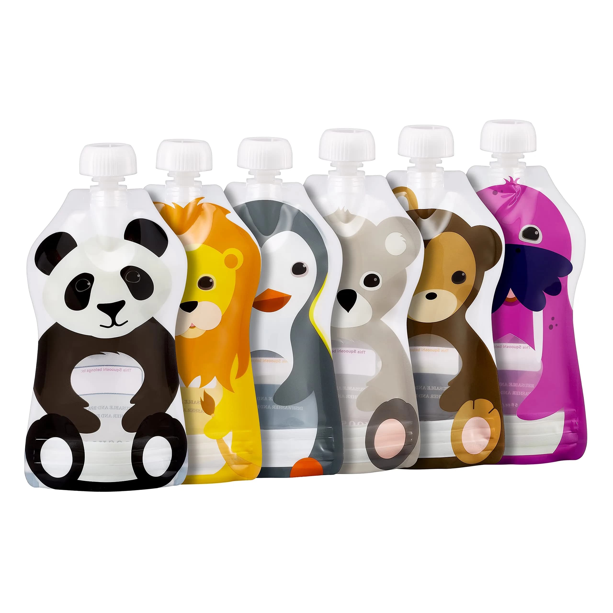 SQUOOSHI Reusable Baby Food Pouches 6 Pack 5oz Assorted Animals | Eco-Friendly, BPA-Free, Travel-Ready — Animal 6