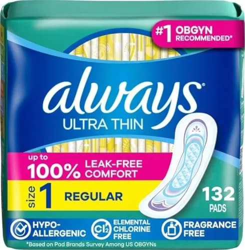 Always Ultra Thin Feminine Pads Without Wings, Size 1 Regular Absorbency, 132 Count | 100% Leak-Free Protection thumbnail 1