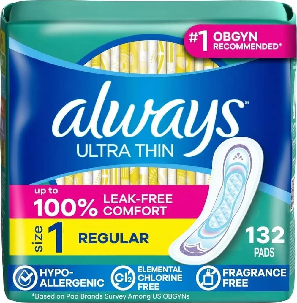 Always Ultra Thin Feminine Pads with Wings, Size 1, Regular Absorbency, Unscented, 126 Count | 100% Leak-Free Protection — Without Wings