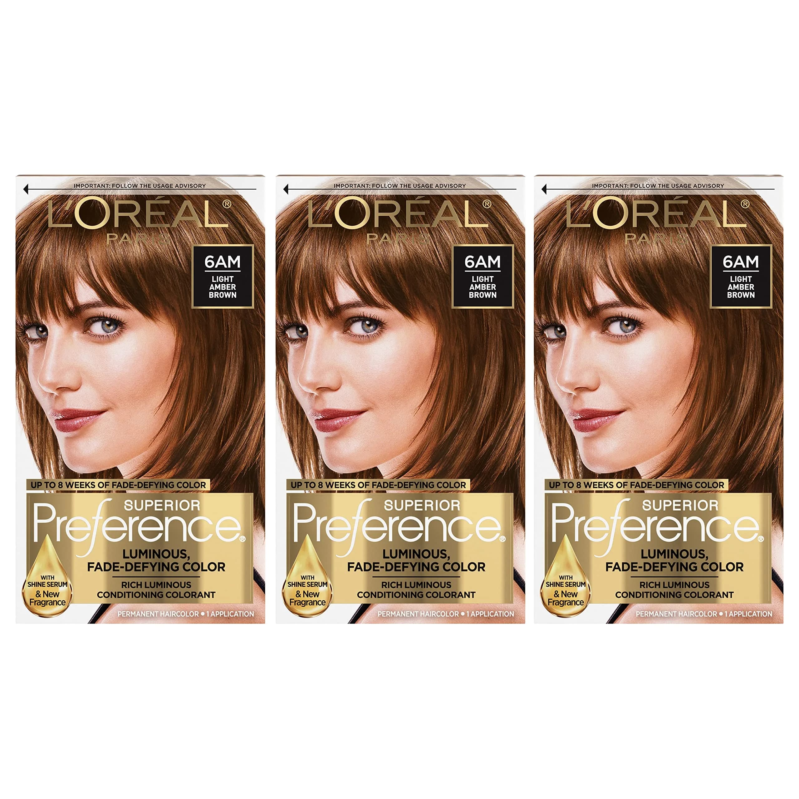 L'Oreal Paris Superior Preference Light Amber Brown 6AM | Fade-Defying Permanent Hair Color, 3 Pack