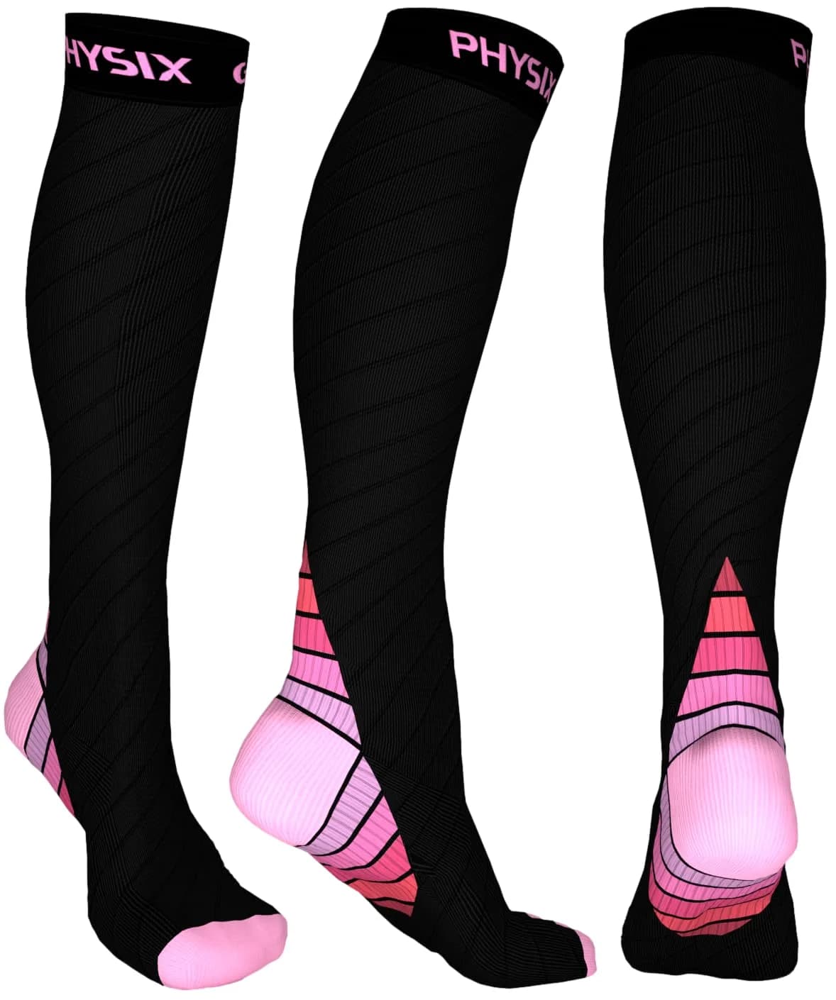 Physix Gear Sport Compression Socks L/XL Black/Pink | Graduated Compression for Circulation & Athletic Support