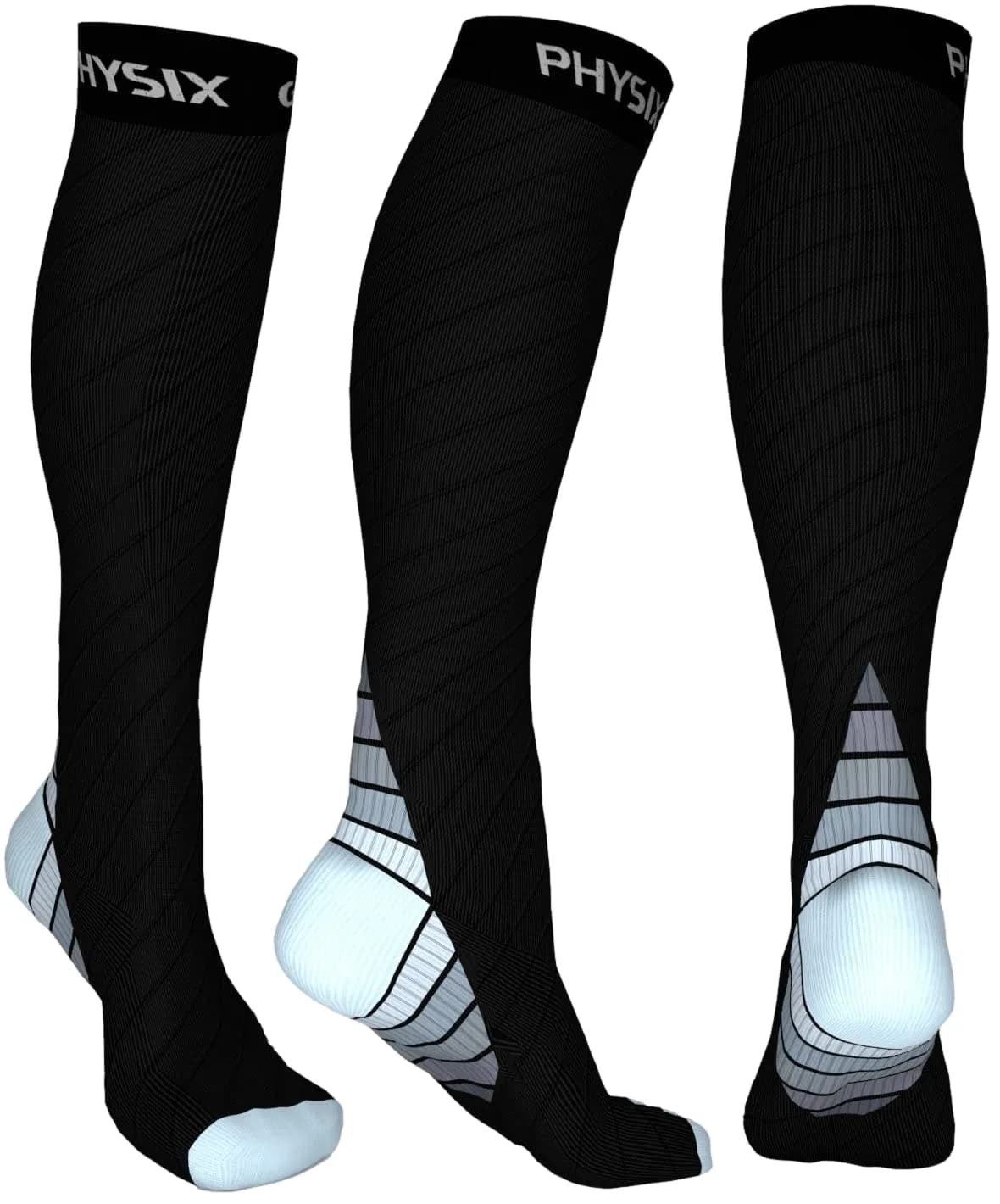 Physix Gear Sport Compression Socks for Circulation, Running, Nurses, Athletic Use, Black/Grey, 2-Pack, 15-20 mmHg