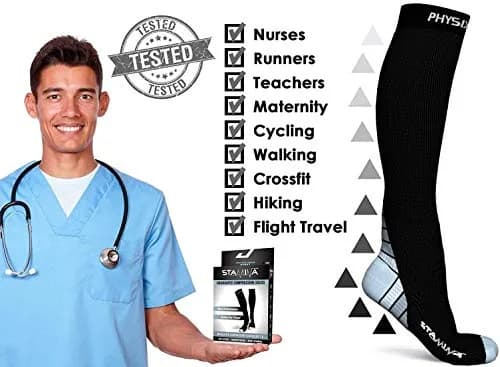 Physix Gear Sport Compression Socks for Circulation, Running, Nurses, Athletic Use, Black/Grey, 2-Pack, 15-20 mmHg thumbnail 5