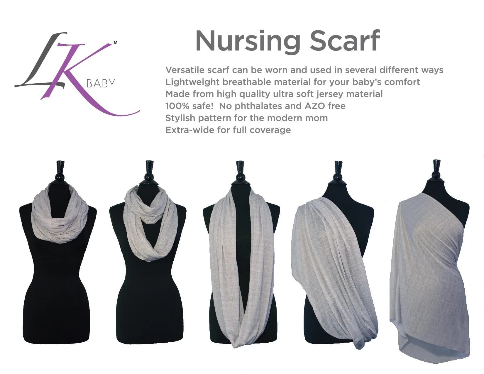 LK Baby Infinity Nursing Scarf Breastfeeding Cover Heathered Grey | Soft Jersey, Breathable, Multi-Use - view 2