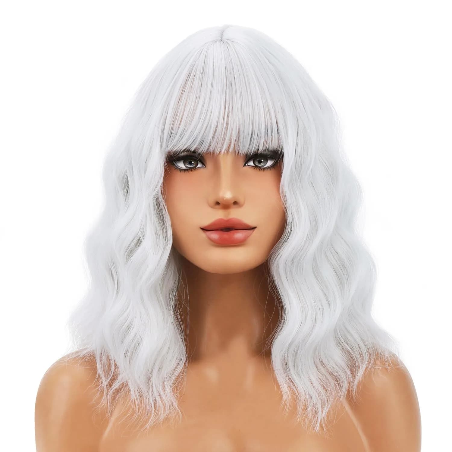 BERON 14 Inch Silver White Wig with Bangs for Women Short Curly Synthetic Wig Hairnet Included | Heat-Resistant Synthetic Fiber