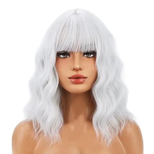 BERON 14 Inch Silver White Wig with Bangs for Women Short Curly Synthetic Wig Hairnet Included | Heat-Resistant Synthetic Fiber thumbnail 1
