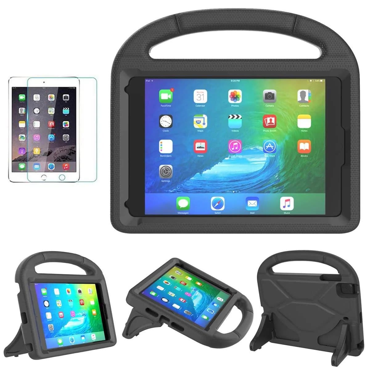 Suplik Kids Case for iPad Mini 1-5 (7.9") | Black EVA Rubber Handle Stand Cover with 2 Screen Protectors — Black
