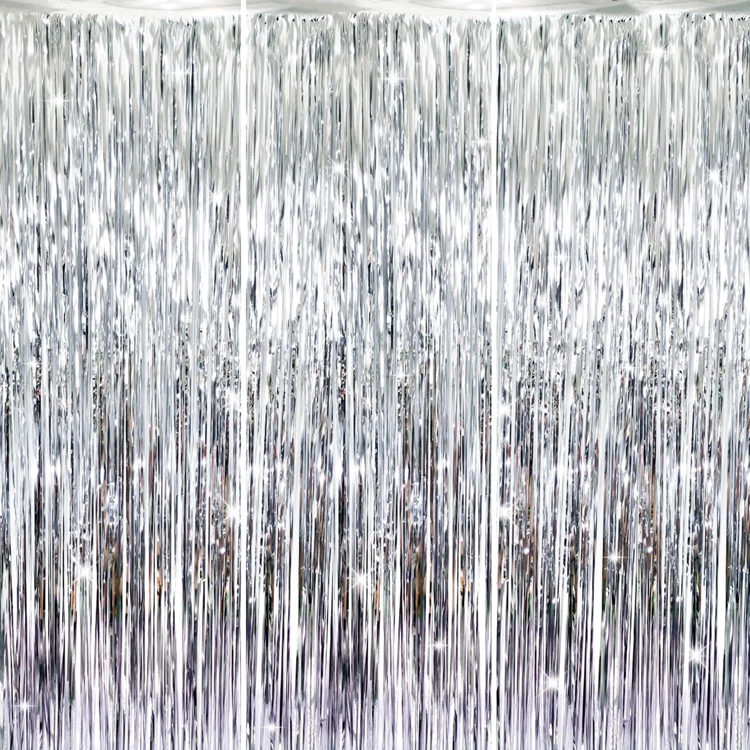GOER Silver 3.2 ft x 8.2 ft Metallic Tinsel Foil Fringe Curtains Party Photo Backdrop for Birthday, Graduation, New Year Eve Decorations (3 pcs)