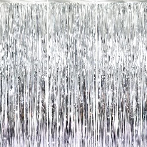 GOER Silver 3.2 ft x 8.2 ft Metallic Tinsel Foil Fringe Curtains Party Photo Backdrop for Birthday, Graduation, New Year Eve Decorations (3 pcs) thumbnail 1