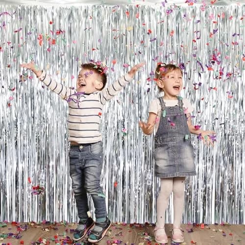 GOER Silver 3.2 ft x 8.2 ft Metallic Tinsel Foil Fringe Curtains Party Photo Backdrop for Birthday, Graduation, New Year Eve Decorations (3 pcs) thumbnail 2