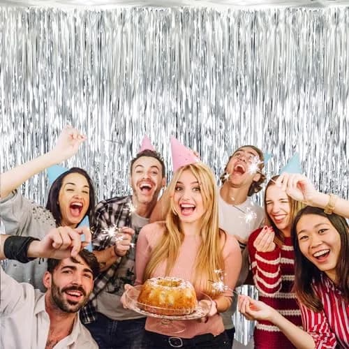 GOER Silver 3.2 ft x 8.2 ft Metallic Tinsel Foil Fringe Curtains Party Photo Backdrop for Birthday, Graduation, New Year Eve Decorations (3 pcs) thumbnail 3