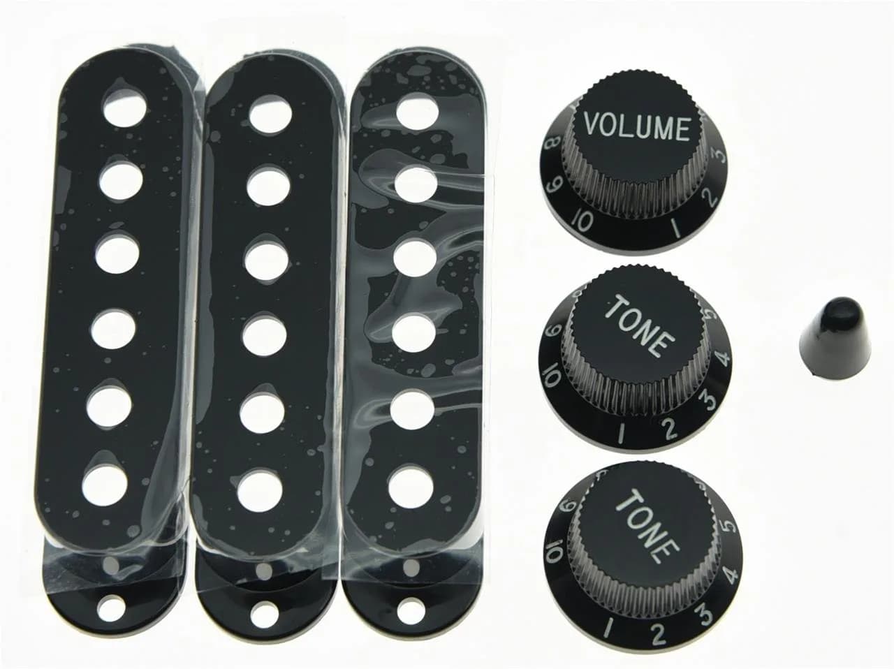 KAISH Black Strat Pickup Covers Knobs & 5-Way Switch Tip Cap | Aftermarket Guitar Parts