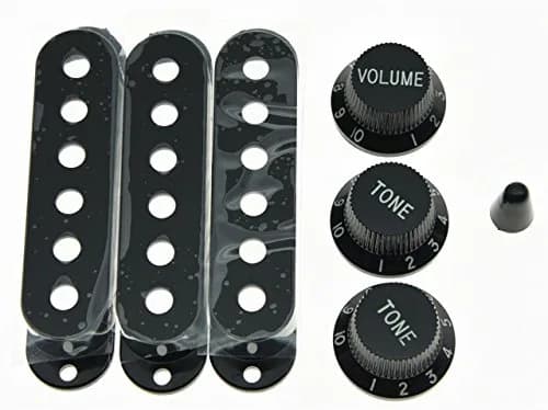 KAISH Black Strat Pickup Covers Knobs & 5-Way Switch Tip Cap | Aftermarket Guitar Parts thumbnail 1