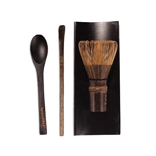 BambooMN Matcha Whisk Set - Black Chasen (Tea Whisk), Black Tray, Chashaku (Hooked Bamboo Scoop), Tea Spoon - 2 Sets | Traditional Japanese Tea Utensils thumbnail 1