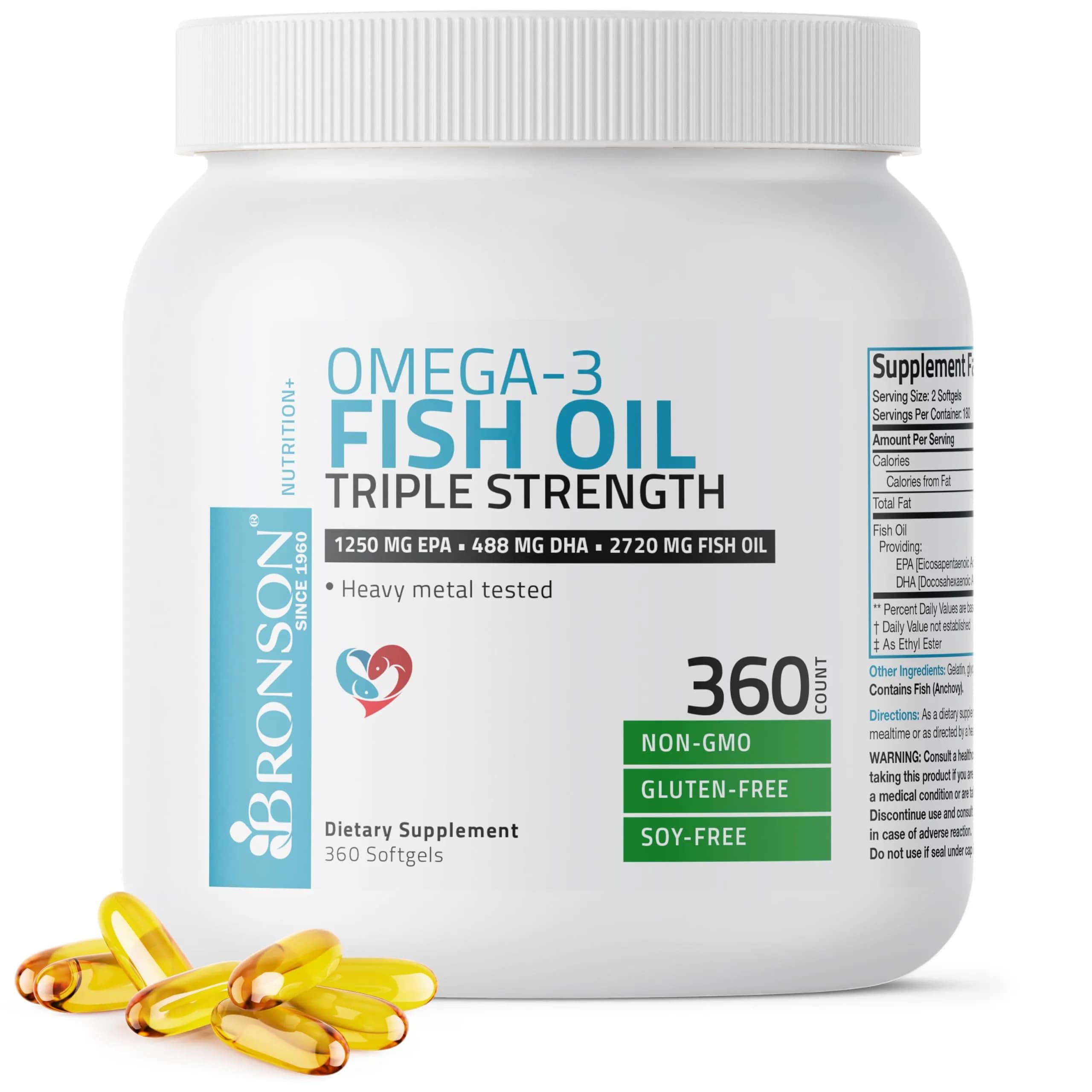 Bronson Omega-3 Fish Oil High EPA/DHA Triple Strength 2720 mg | Supports Heart, Brain & Vision — Softgel