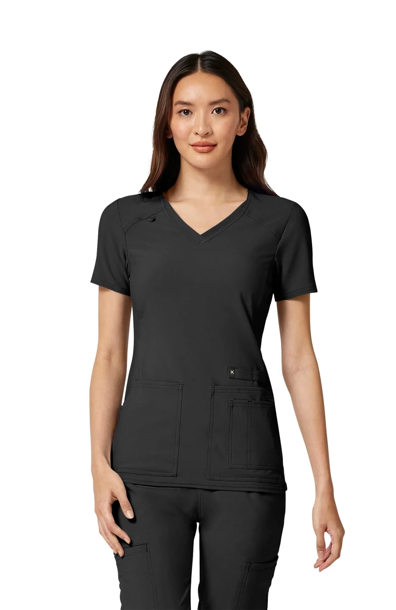 Cherokee Women's Medical Scrub Top V-Neck Knit Panel 4 Pockets S Black | Stretch, Comfort & Utility for Healthcare - main product image
