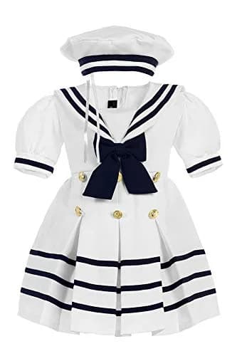 iGirlDress Baby Toddler Girls Nautical Sailor Dress with Hat 3T White | Navy & Gold Buttons, Zipper Closure thumbnail 1