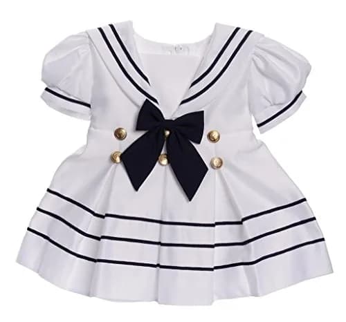 iGirlDress Baby Toddler Girls Nautical Sailor Dress with Hat 3T White | Navy & Gold Buttons, Zipper Closure thumbnail 2