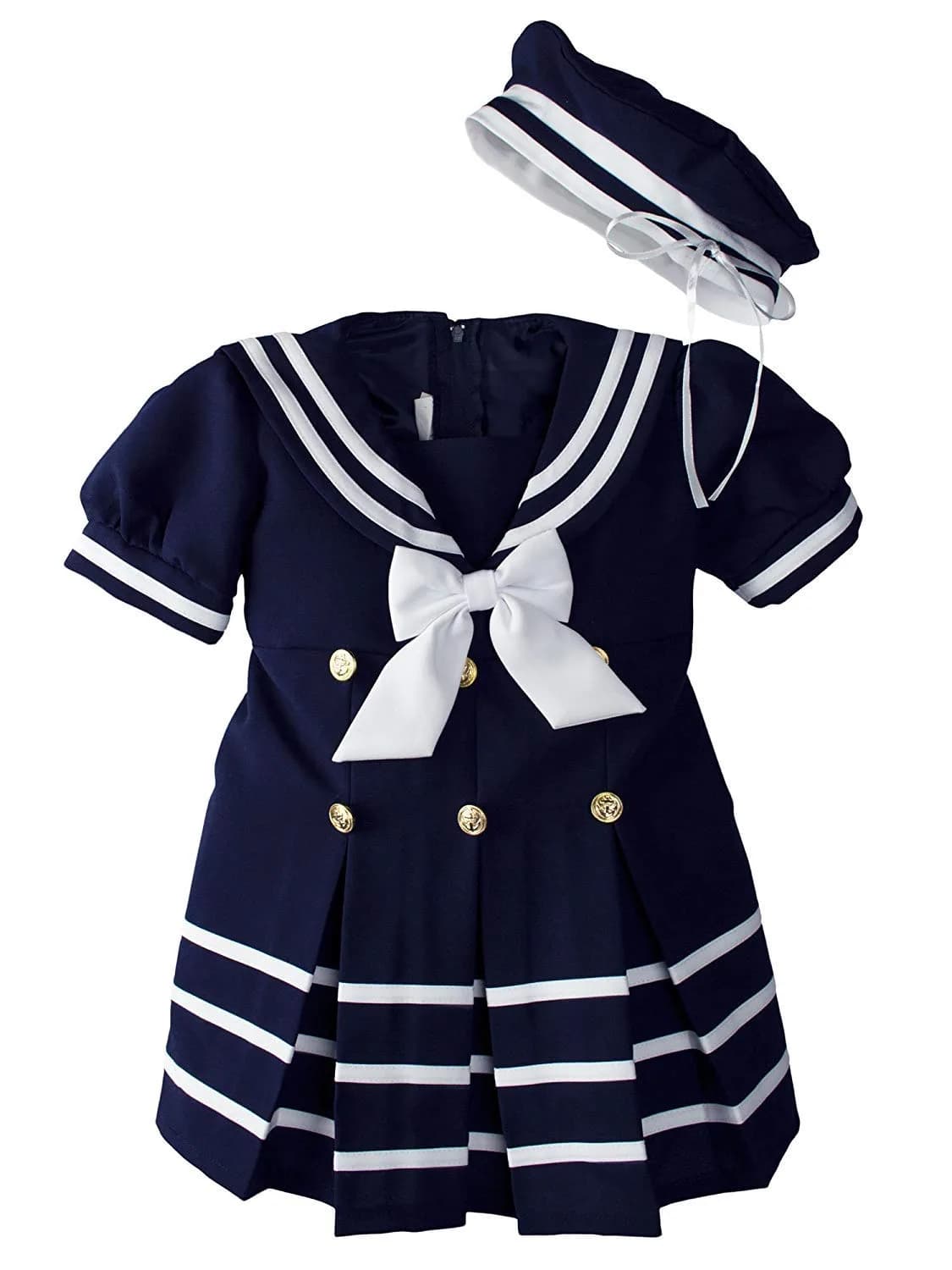 iGirlDress Baby Toddler Girls Nautical Sailor Dress with Hat 3T Navy | Zipper Back, Cotton, Summer — Navy