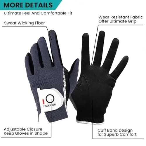 FINGER TEN Men's Golf Gloves Rain Grip 2 Pack (Gray, M/Large) | Wet Weather Performance & Breathable Mesh thumbnail 2
