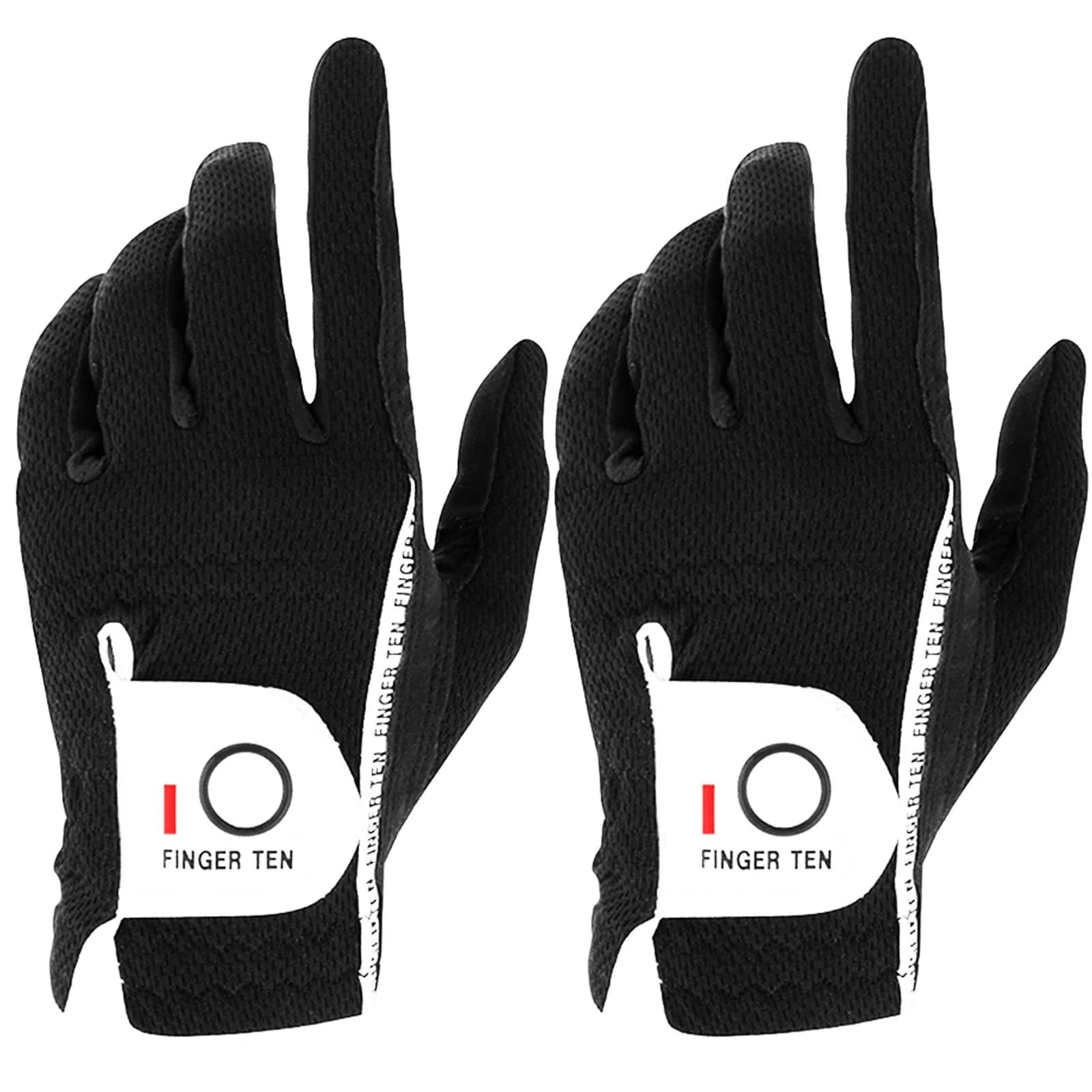 FINGER TEN Men's Golf Gloves Rain Grip 2 Pack (Black, Large, Left Hand) | Wet Weather Grip & Breathable Comfort — Black