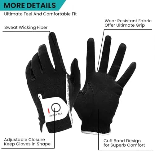 FINGER TEN Men's Golf Gloves Rain Grip 2 Pack (Black, Large, Left Hand) | Wet Weather Grip & Breathable Comfort thumbnail 2