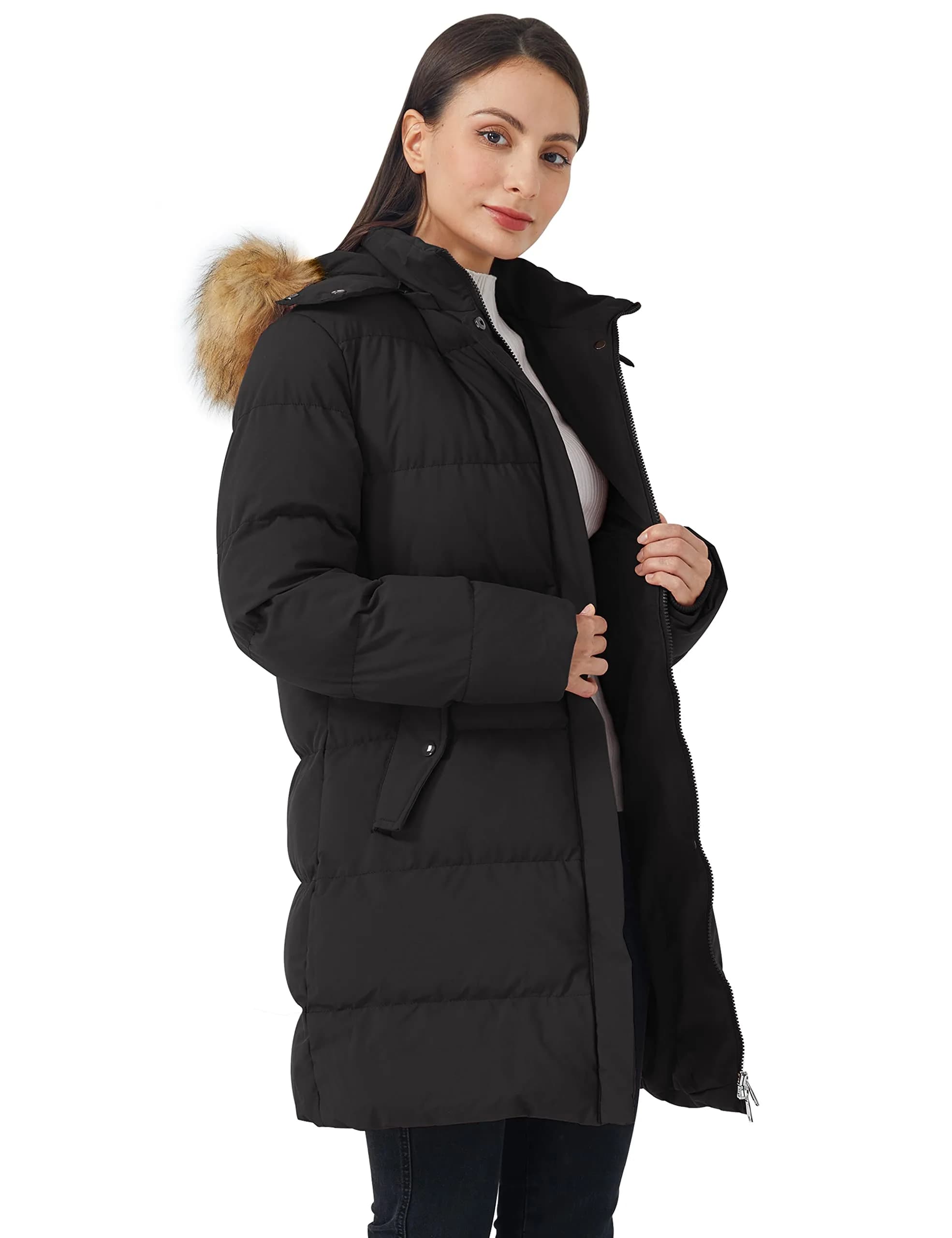 WenVen Women's Winter Thicken Warm Coat with Fur Removable Hood (Black, XL) thumbnail 4