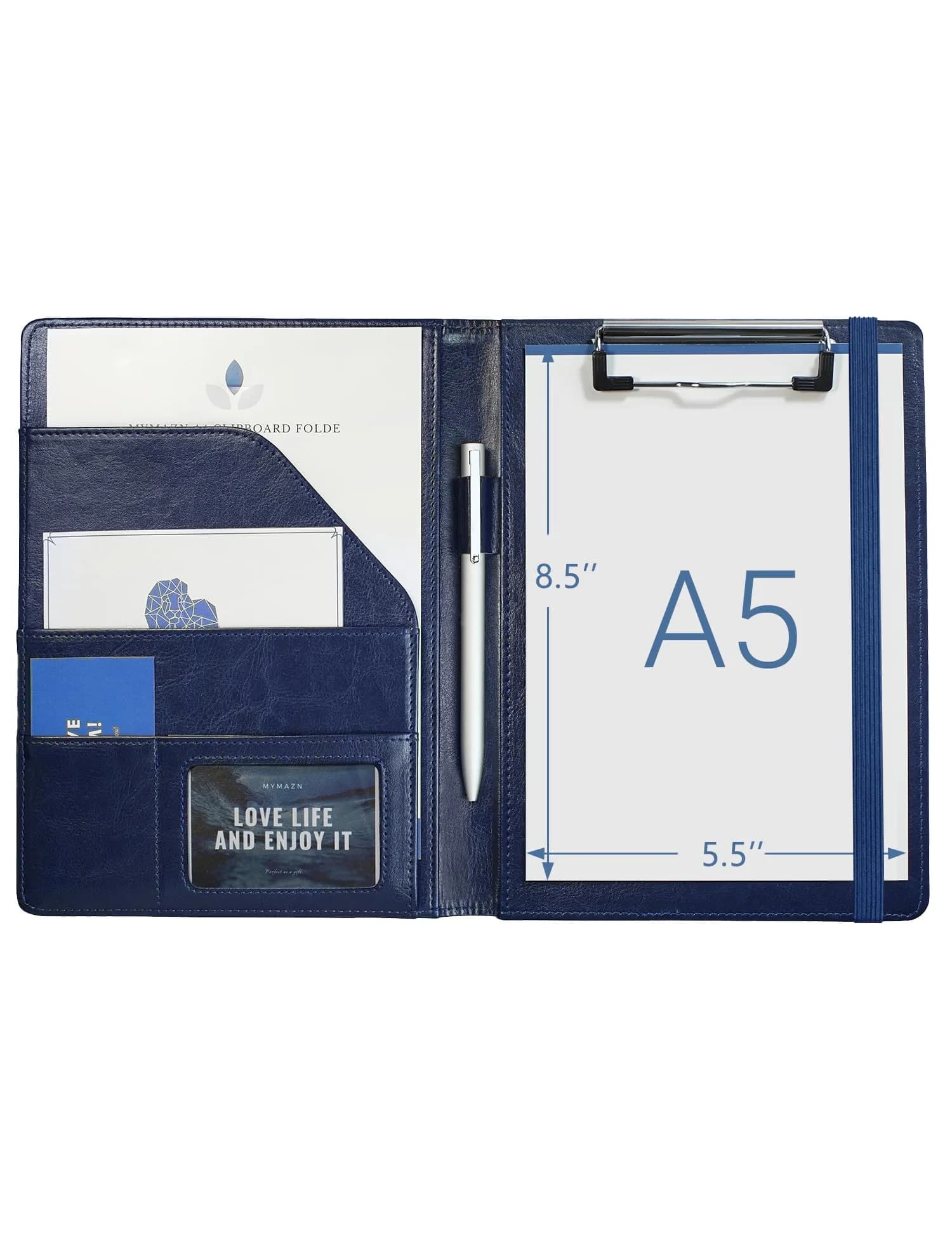 Mymazn Small Clipboard Padfolio for Women Fits 5x8 Inch Writing Pads | Brown Classic Faux Leather with Elastic Closure & Pockets — Blue
