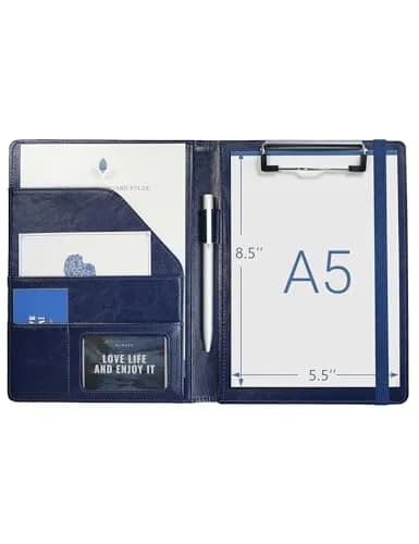 Mymazn Small A5 Padfolio with Clipboard & Elastic Closure, Blue Faux Leather | Fits 5x8 Inch Writing Pads thumbnail 1