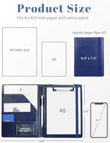 Mymazn Small A5 Padfolio with Clipboard & Elastic Closure, Blue Faux Leather | Fits 5x8 Inch Writing Pads thumbnail 2
