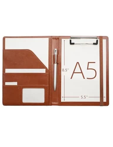 Mymazn Small Clipboard Padfolio for Women Fits 5x8 Inch Writing Pads | Brown Classic Faux Leather with Elastic Closure & Pockets thumbnail 1
