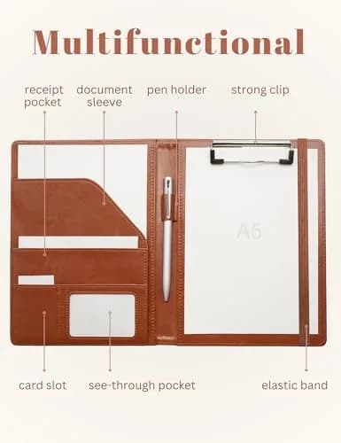 Mymazn Small Clipboard Padfolio for Women Fits 5x8 Inch Writing Pads | Brown Classic Faux Leather with Elastic Closure & Pockets thumbnail 2