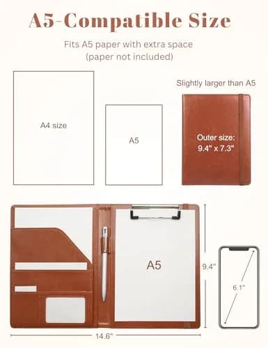 Mymazn Small Clipboard Padfolio for Women Fits 5x8 Inch Writing Pads | Brown Classic Faux Leather with Elastic Closure & Pockets thumbnail 3