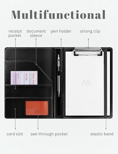 Mymazn Small Clipboard Padfolio for Women Fits 5x8 Inch Writing Pads | Black Faux Leather with Elastic Closure thumbnail 2