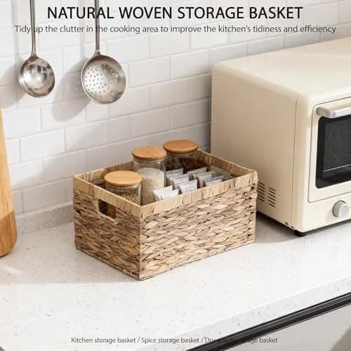 KINGWILLOW Woven Natural Water Hyacinth Organizer Basket Small | Rustic Storage Solution with Handles thumbnail 6