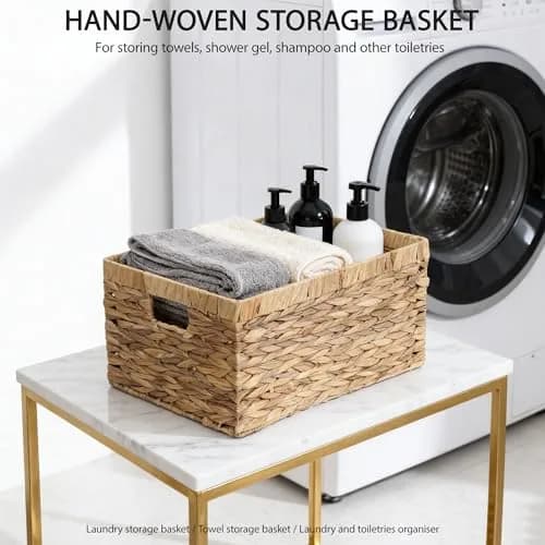 KINGWILLOW Woven Natural Water Hyacinth Organizer Basket Small | Rustic Storage Solution with Handles thumbnail 2