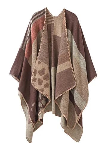 Urban CoCo Women's Color Block Open Front Poncho Shawl Wrap Cape Ruana | Reversible, One Size, Polyester, Gift-Ready thumbnail 1