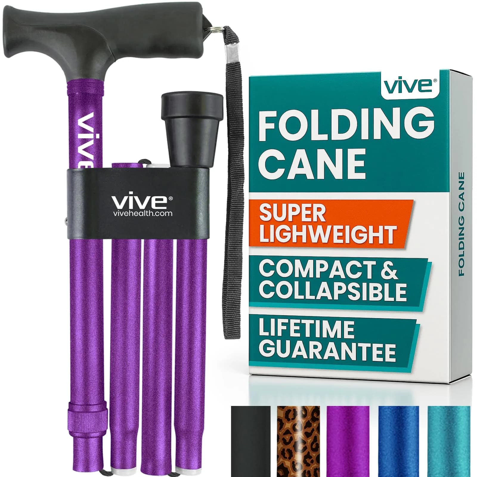 Vive Folding Cane - Adjustable Walking Cane for Men & Women, 33"-37", Purple | Lightweight Aluminum Mobility Aid with Ergonomic Grip & Non-Slip Tip - main product image